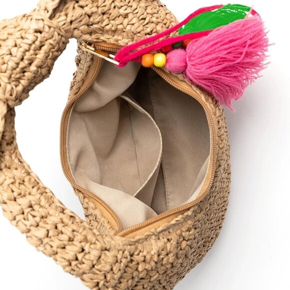 Navy Blue Straw Clutch Bag with Bow and Tassel for Summer Beach and Parties - Picture 3 of 7